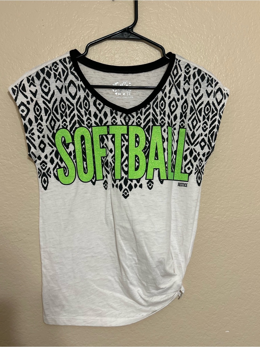 Justice Softball Logo Shirt Active Short Sleeve Top White Neo Green Lime Size 14